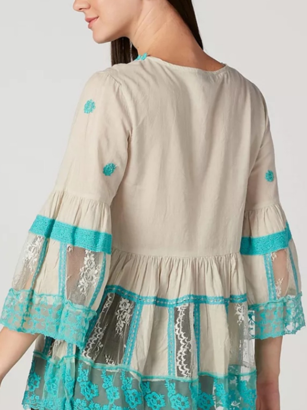 Shoreline Beige Tunic with Turquoise Lace Trim - Picture 2 of 5